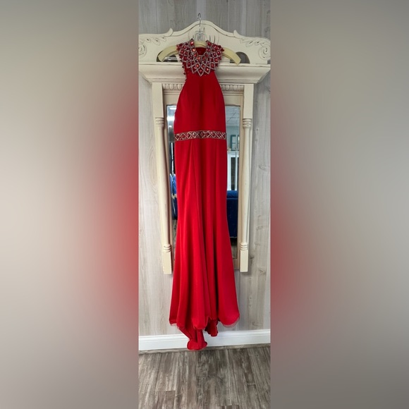 Red Halter Sequin Beaded Dress - Picture 1 of 9